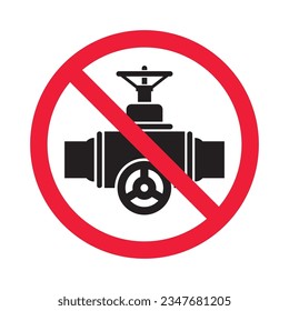 Prohibited valve vector icon. No pipeline icon. Forbidden gas pipeline icon. No gas valve sign. Warning, caution, attention, restriction, danger flat sign design symbol pictogram