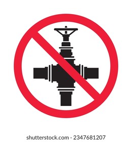 Icono vectorial de válvula prohibida. Sin icono de canalización. Icono de gasoducto prohibido. No hay señal de válvula de gas. Advertencia, precaución, atención, restricción, símbolo de diseño de señal plana de peligro pictograma