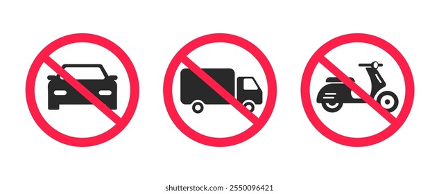 Prohibited vehicle car traffic road sign vector graphic silhouette shape illustration set, forbidden drive zone to freight cargo truck, motor bike scooter, passenger auto image clip art picture