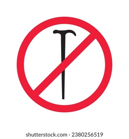 Prohibited walking stick vector icon. No walk stick icon. Forbidden stick icon. No disabled stick tool sign. Warning, caution, attention, restriction, danger flat sign design symbol pictogram