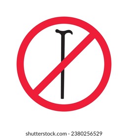 Prohibited walking stick vector icon. No walk stick icon. Forbidden stick icon. No disabled stick tool sign. Warning, caution, attention, restriction, danger flat sign design symbol pictogram