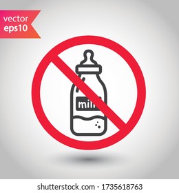 Etiqueta de restricción de atención de advertencia prohibida. Icono plano de botella de leche prohibida. Diseño de señales de vector de leche natural. Pictograma del símbolo de la leche EPS 10 