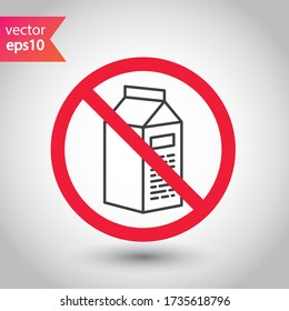 Etiqueta de restricción de atención de advertencia prohibida. Icono plano de botella de leche prohibida. Diseño de señales de vector de leche natural. Pictograma del símbolo de la leche EPS 10 