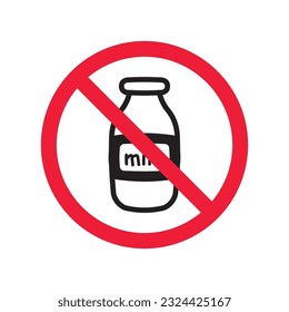 Prohibited Warning attention restriction label. Forbidden Milk bottle flat icon. Natural milk vector sign design. EPS 10 milk symbol pictogram 