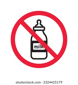 Etiqueta de restricción de atención de advertencia prohibida. Icono plano de botella de leche prohibida. Diseño de señales de vector de leche natural. Pictograma del símbolo de la leche EPS 10 