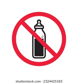 Etiqueta de restricción de atención de advertencia prohibida. Icono plano de botella de leche prohibida. Diseño de señales de vector de leche natural. Pictograma del símbolo de la leche EPS 10 