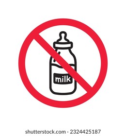 Etiqueta de restricción de atención de advertencia prohibida. Icono plano de botella de leche prohibida. Diseño de señales de vector de leche natural. Pictograma del símbolo de la leche EPS 10 