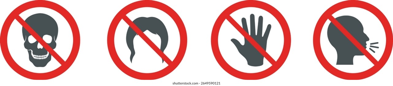 Prohibited warning icons featuring skull, hair, hand, and shouting face inside red circles. Ideal for safety signs, danger zones, hazard alerts, or restricted action illustrations.