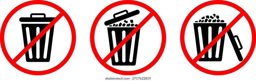 Conjunto de iconos de eliminación de residuos prohibidos: sin basura y símbolos de papelera restringidos en círculos rojos