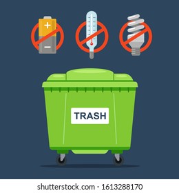 Prohibited waste that must not be thrown into a regular waste container. thermometers, batteries and fluorescent lamps. flat vector illustration.