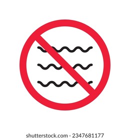 Icono vectorial de onda prohibida. No hay icono del mar. Icono de ola prohibida. No hay señal de agua. Advertencia, precaución, atención, restricción, símbolo de diseño de señal plana de peligro pictograma