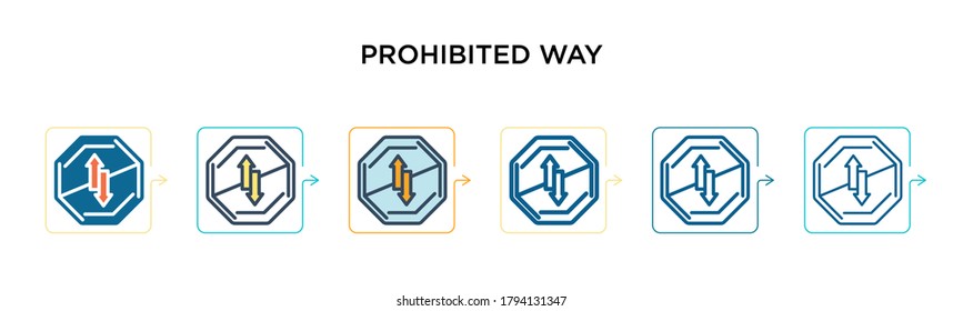 Prohibited way sign vector icon in 6 different modern styles. Black, two colored prohibited way sign icons designed in filled, outline, line and stroke style. Vector illustration can be used for web,