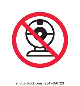 Prohibited web camera vector icon. No webcam icon. Forbidden camera icon. No web camera sign. Warning, caution, attention, restriction, danger flat sign design symbol pictogram