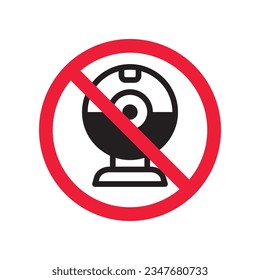 Prohibited web camera vector icon. No webcam icon. Forbidden camera icon. No web camera sign. Warning, caution, attention, restriction, danger flat sign design symbol pictogram