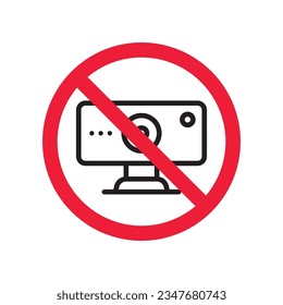Prohibited web camera vector icon. No webcam icon. Forbidden camera icon. No web camera sign. Warning, caution, attention, restriction, danger flat sign design symbol pictogram