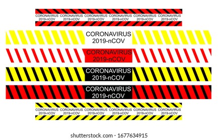 Verbot der Bänder-Vektorillustration mit gelbem und rotem verbotenem Zeichen, 2019-nCoV Novel Coronavirus Bacteria. Keine Infektion und Stopp von Coronavirus Konzepten. Dangerous Coronavirus Cell in China, Wuhan.