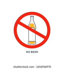 Prohibition alcohol. Sign no beer. Color illustration of a glass of beer in red crossed circle. Ban beverage flat line in modern style. Warning symbol icon. Stop drunk, alcohol illustration.
