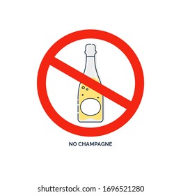 Prohibition alcohol. Sign no shampagne. Color illustration of a glass of shampagne in red crossed circle. Ban beverage flat line in modern style. Warning symbol icon. Stop drunk, alcohol illustration
