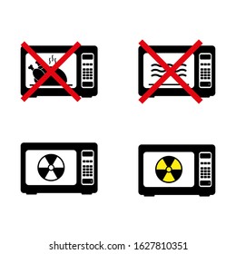 Prohibition, ban, no or stop signs. Microwave icons. Do not cook in the microwave. Cook in the electric stove symbol. Forbidden prohibited red characters. Vector illustration