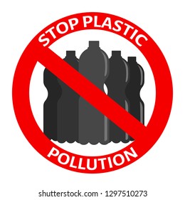 Prohibition or ban sign with disposable gray plastic bottles. Plastic Free concept, stop using plastic vector illustration