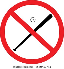 Prohibition baseball sign on white background. No baseball bat sign. No playing baseball symbol. flat style.