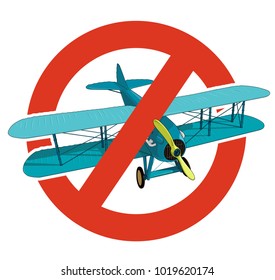 Prohibition of biplane. Strict ban on construction of aircraft with two wings, forbid. Stop World War. Beautiful jet realistically drawn vector flying blue biplane. Old retro aircraft, isolated.