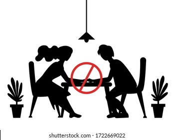 The prohibition of coronavirus. No dining. No dates. No hand touches during a coronavirus pandemic. Silhouette of a couple in a restaurant and prohibiting sign that you can’t touch each other. EPS 10