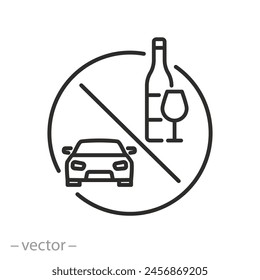 prohibition drink and drive icon, don't drunk driving, wine bottle with car wheel, thin line web symbol on white background - editable stroke vector illustration eps10