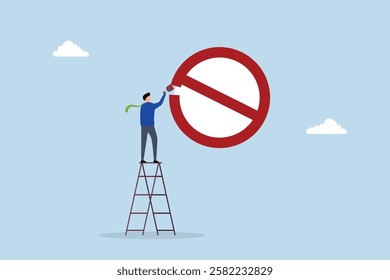 Prohibition, entrepreneur ascends ladder to apply prohibition symbol on the wall