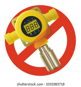 Prohibition of gas detector. Strict ban on constructing of yellow gas meter, digital LCD display, forbid. Stop contamination. Vector low poly toxic gas consumption, sensor heater, adjustable values.