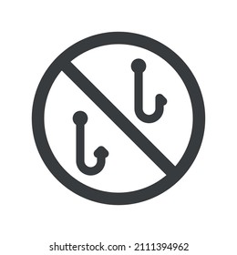 Prohibition of hook fishing. Crossed circle symbol with fishhooks. Isolated vector on white background.