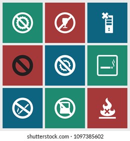 Prohibition icon. collection of 9 prohibition filled icons such as no laptop, smoking area, no brightness. editable prohibition icons for web and mobile.