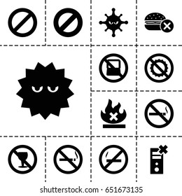 Prohibition icon. set of 13 filled prohibitionicons such as no laptop, no smoking, bacteria
