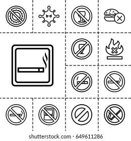 Prohibition icon. set of 13 outline prohibition icons such as no laptop, smoking area, no smoking, bacteria