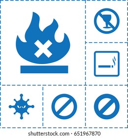Prohibition icon. set of 6 prohibition filled icons such as smoking area, no alcohol, bacteria, no fire