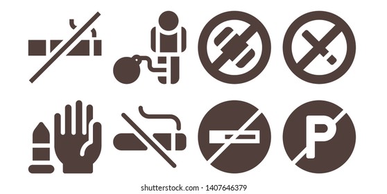 prohibition icon set. 8 filled prohibition icons.  Simple modern icons about  - No weapons, No smoking, Restriction, No phone, parking