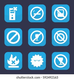 prohibition icon. Set of 9 filled prohibition icons such as no laptop, no alcohol, bacteria