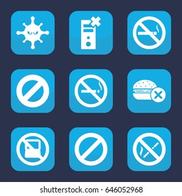 Prohibition icon. set of 9 filled prohibition icons such as no laptop, no smoking, bacteria