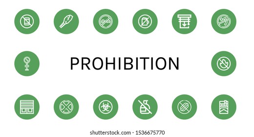 prohibition icon set. Collection of No pictures, Weapon, No overtaking, No alcohol, Blinds, Forbidden, Biohazard, spray, food, Cigarette, parking, fire allowed icons