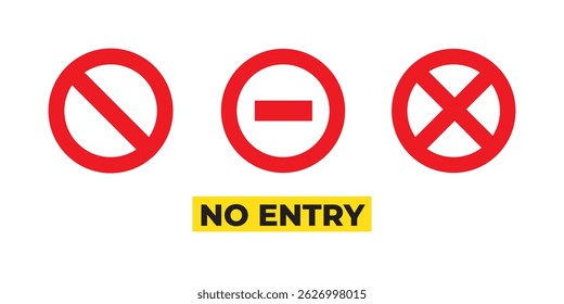Prohibition Icon Set. Flat Vector Illustration of Red Prohibition and No Entry Traffic Signs – Minimal Circular Road Sign Icons for Safety, Warning, Regulation and Transport Design Concepts