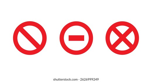 Conjunto de iconos de prohibición. Ilustración vectorial plana de la prohibición roja y de las señales de tráfico sin entrada: iconos circulares mínimos de señales de tráfico para los conceptos de diseño de seguridad, advertencia, regulación y transporte