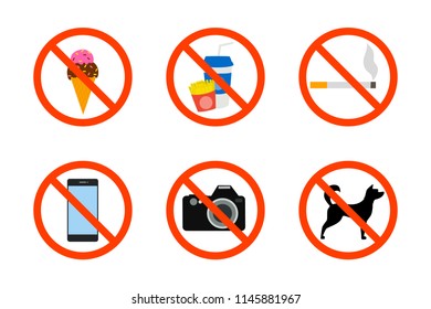 Prohibition icon set. Food, camera and animals are forbidden. No smoking sign. Warning symbol. Isolated flat vector illustration