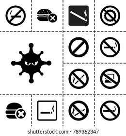 Prohibition icons. set of 13 editable filled prohibition icons such as smoking area, no smoking, no fast food, bacteria