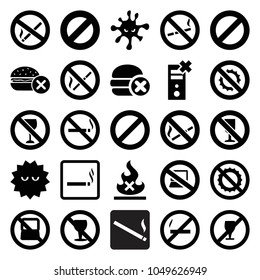 Prohibition icons. set of 25 editable filled prohibition icons such as no laptop, smoking area, no smoking, bacteria
