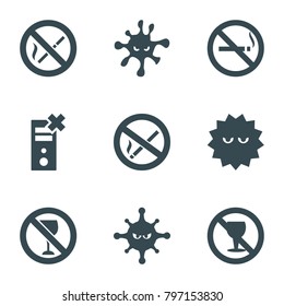 Prohibition icons. set of 9 editable filled prohibition icons such as no smoking, no alcohol, bacteria