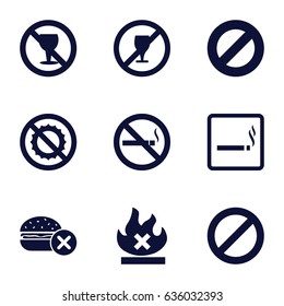 Prohibition icons set. set of 9 prohibition filled icons such as smoking area, no fast food, no smoking