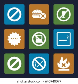 Prohibition icons set. set of 9 prohibition filled icons such as no laptop, smoking area, no fast food, bacteria