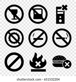 Prohibition icons set. set of 9 prohibition filled icons such as no laptop, no smoking