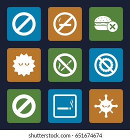 Prohibition icons set. set of 9 prohibition filled icons such as smoking area, no fast food, bacteria, no brightness, prohibited