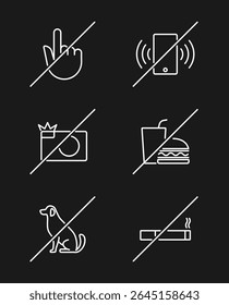 Prohibition icons set. No smoking, touch, food, drinks, alcohol, photo, dogs, phone. Forbidden signs for art gallery, museum, theater, linear style, editable stroke
